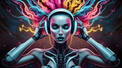  cyborg woman's profile. She wears headphones the cyborg