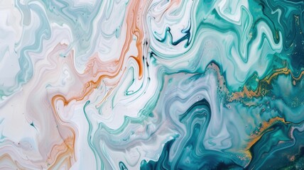 Obraz premium Abstract Marble Painting with Swirling Colors - A colorful abstract marble painting with swirling colors and textures. The artwork features a mix of blue, teal, green, white, gold, and orange tones cr