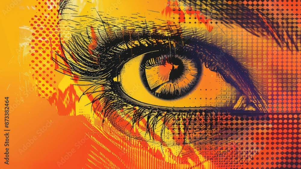 Poster intense gaze - a close-up of a single eye with an intense gaze, rendered in an abstract and digital 