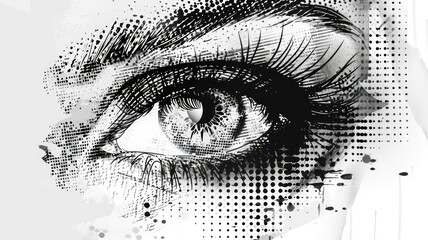 Obraz premium Intriguing Gaze: A Close-Up of a Woman's Eye in Black and White - A close-up of a woman's eye drawn in black and white, capturing a captivating and enigmatic gaze. - A close-up of a woman's eye drawn 