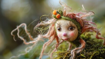 Fototapeta premium Charming Fairy Figurine - Close-up photo of a handcrafted fairy figurine made of wool felt, showcasing delicate details and a charming expression. - Close-up photo of a handcrafted fairy figurine made