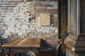 A cozy caf?(C) interior with a mockup of a small art piece on a brick wall next to a vintage wooden table. The setting is intimate, ideal for showcasing detailed and delicate designs.
