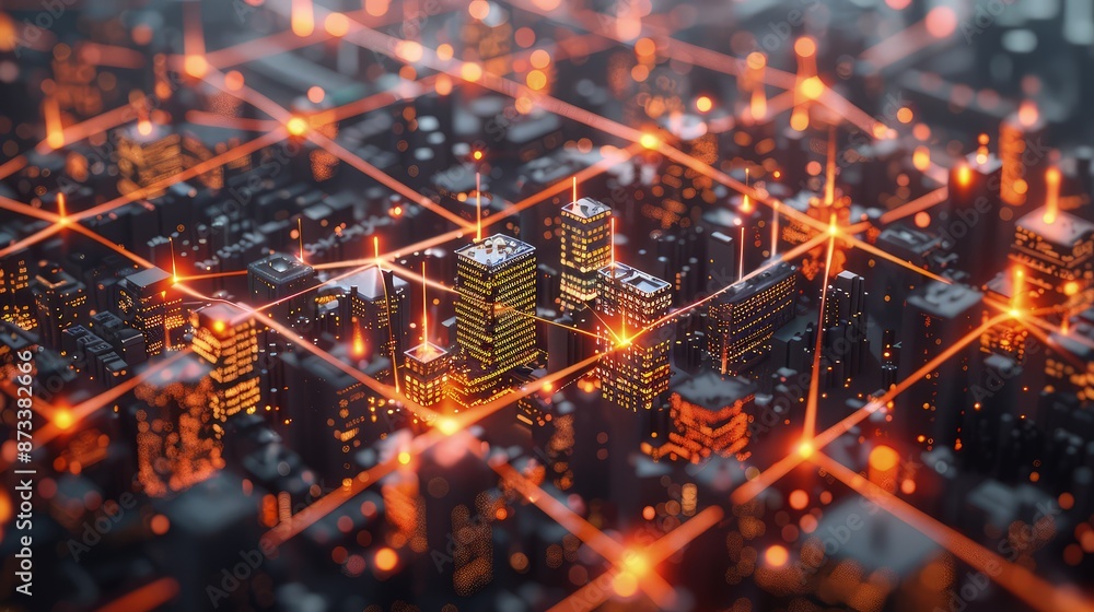 Poster a creative 3d cityscape where buildings are shaped like data points and glowing lines connect differ
