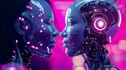 Obraz premium AI and robot technology integrating with diverse people, cybernetics and transhumanism, human unity, futuristic design, detailed and glowing, hightech aesthetics 