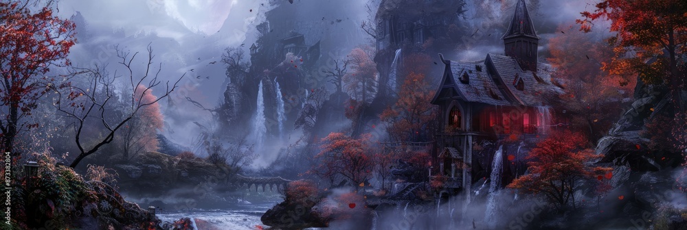 Poster enchanted forest cottage - a mysterious cottage nestled in a misty forest, surrounded by towering mo