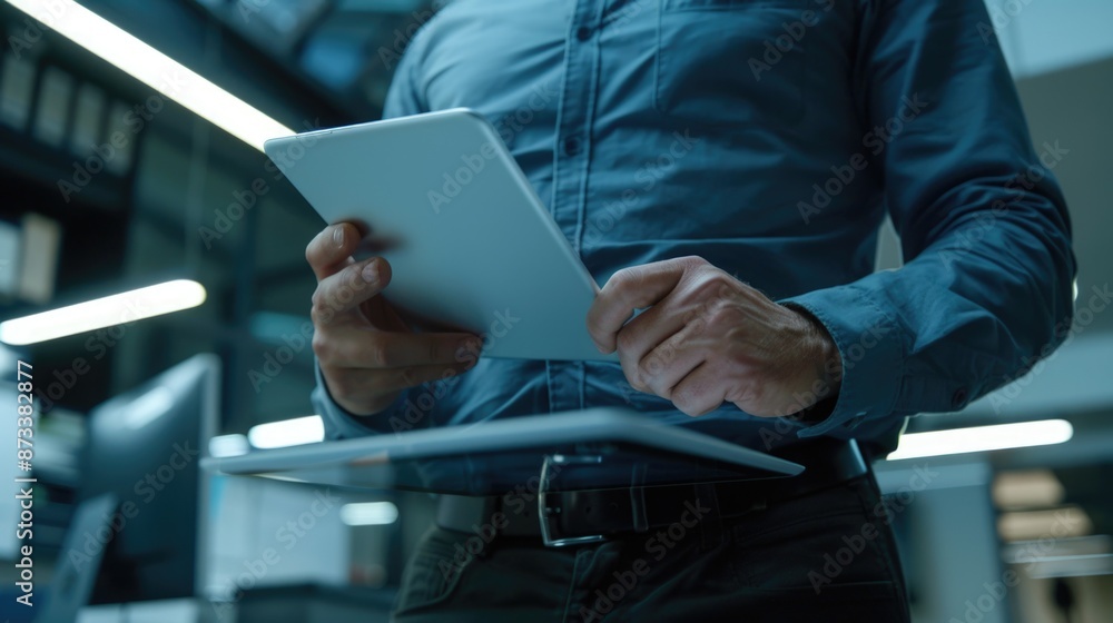 Poster a man is holding a tablet in his hand while wearing a blue shirt. he is standing in front of a desk 
