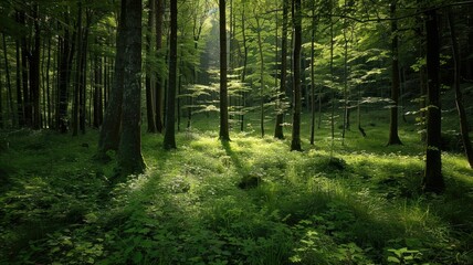 Obraz premium Sunbeams in the Forest - Sunlight shining through the trees in a dense forest, creating a magical atmosphere. - Sunlight shining through the trees in a dense forest, creating a magical atmosphere.