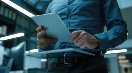 A man is holding a tablet in his hand while wearing a blue shirt. He is standing in front of a desk with a computer monitor and a keyboard. Concept of productivity and focus
