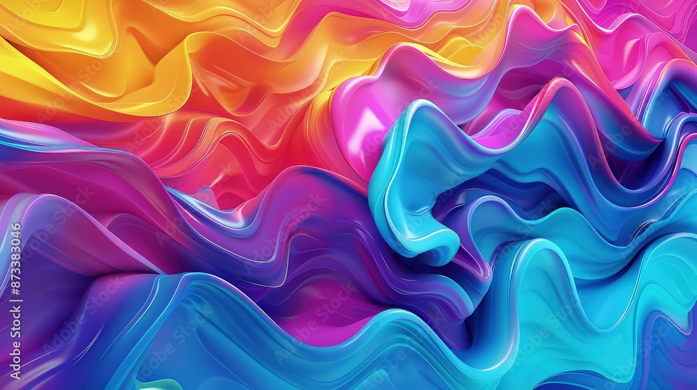 Poster a 3d abstract banner with waves of vibrant colors blending in a fluid gradient, mimicking the flow o