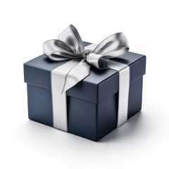 Obraz premium elegant gift box with fine silver ribbon navy blue wrapping paper , generated by AI. High quality photo