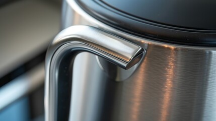 Closeup of the handle of an electric kettle featuring an ergonomic grip and heatresistant material for safe and comfortable pouring.