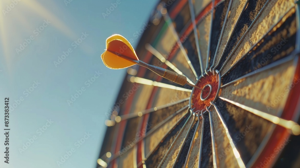 Poster a yellow dart is flying towards a red target. concept of excitement and anticipation as the dart is 