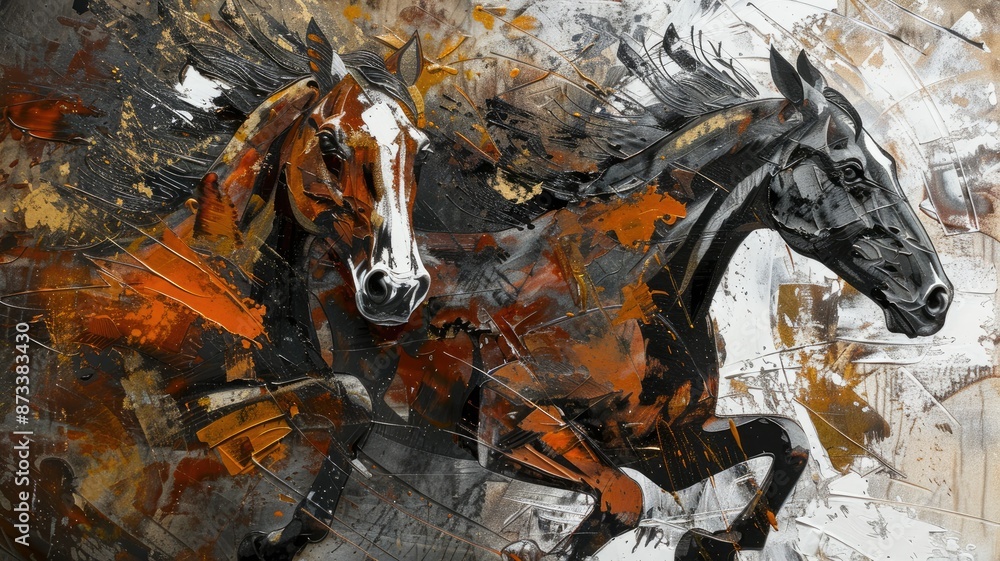 Poster abstract art of two horses running - a vibrant abstract painting showcasing two horses running with 