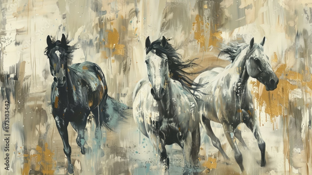 Poster three horses running through a golden abstract background - three horses, painted in a vibrant and d