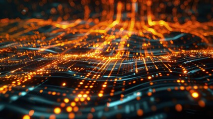 A creative abstract representation of AI, with dynamic patterns of light trails and binary code forming a high-tech neural network on a dark canvas.