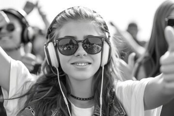 A woman wearing sunglasses and headphones is smiling and giving a thumbs up. Concept of fun and enjoyment, as the woman is at a party or a concert
