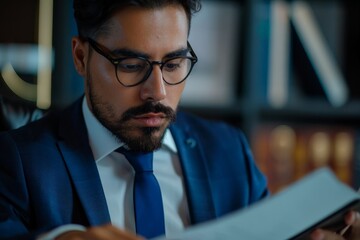 Fototapeta premium A serious man in a suit and glasses intently reads a document while seated in a private office, emphasizing concentration, professionalism, and attention to detail.
