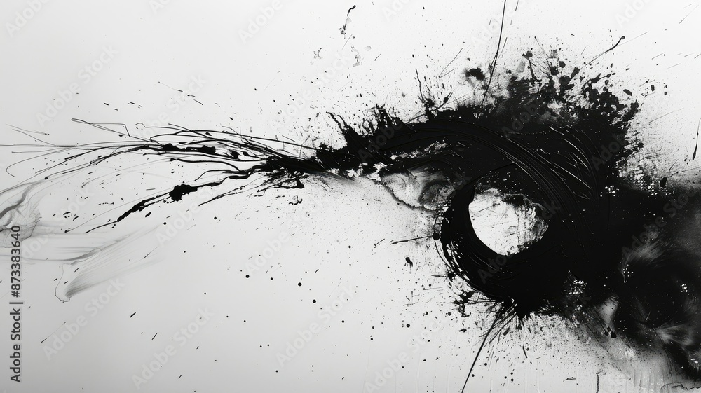 Aufkleber black ink splashes - black ink splatter art on a white background with a circular shape in the cente