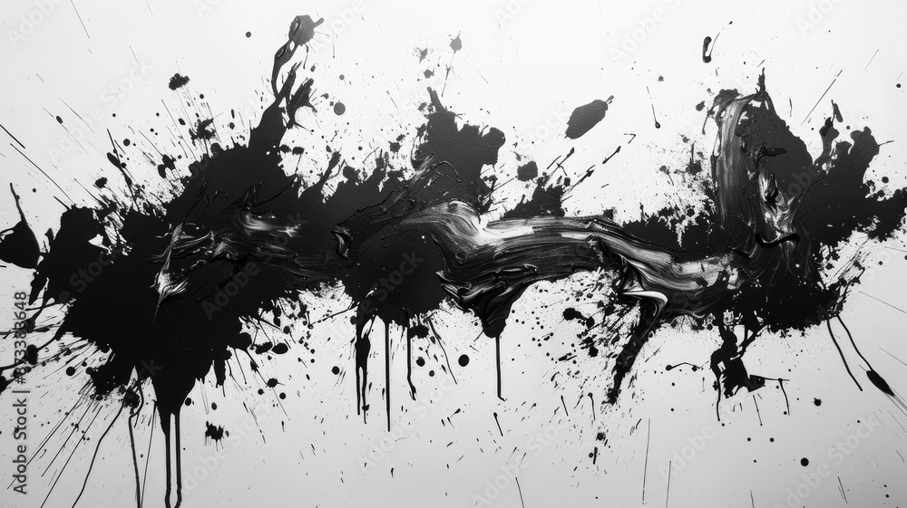 Aufkleber Black Ink Splashes on White Background - Abstract black ink splatters on a white background, creating a dynamic and artistic composition. - Abstract black ink splatters on a white background, creating