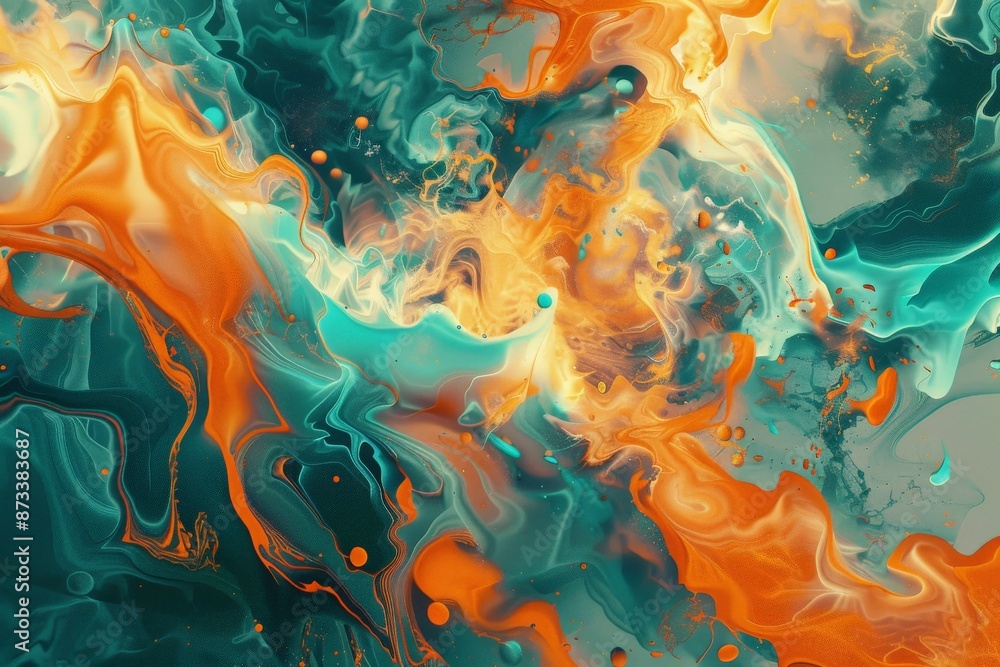 Poster a visually captivating abstract piece featuring vibrant and dynamic swirls of orange, blue, and teal