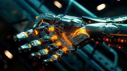 Biomechanical hand with smart sensors, glowing elements 