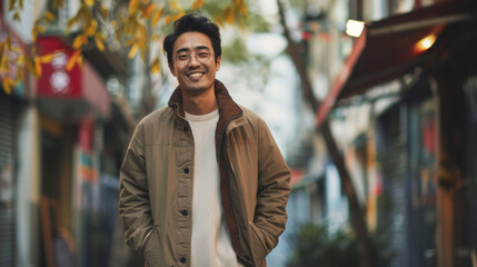 Fototapeta premium East asian handsome man smiling Hands in a pockets
