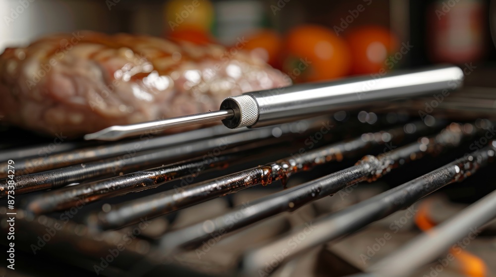 Poster an upclose view of a stainless steel baking thermometer probe with a pointed tip perfect for quick a