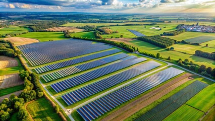 Fototapeta premium Aerial View of Solar Panel Farm in Green Countryside