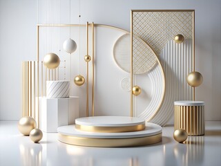 A 3D rendering of a white and gold geometric design with a platform in the center. 