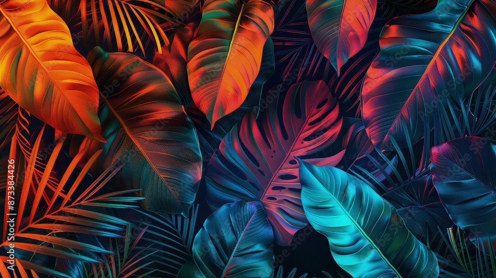 Poster a creative layout of overlapping tropical leaves with a gradient of neon colors from cool blues to w