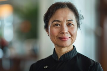 Obraz premium An elegantly dressed clergywoman is smiling gracefully, standing in a calm and peaceful environment. The soft natural light adds warmth to the serene backdrop.