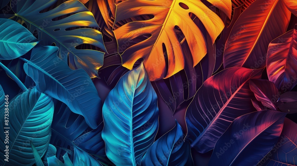Poster a creative layout of overlapping tropical leaves with a gradient of neon colors from cool blues to w