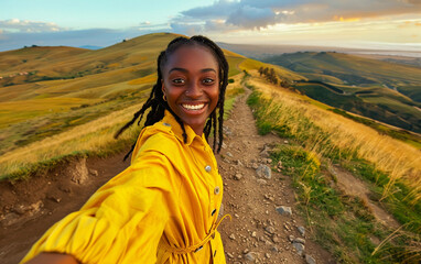 Naklejka premium A woman with dreadlocks smiles while taking a selfie on a mountain trail. The sky is filled with bright colors from the setting sun