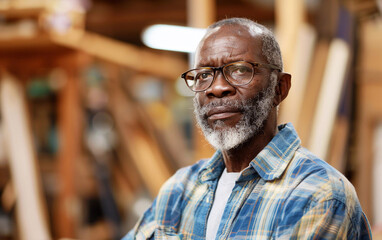Fototapeta premium An older African American man stands in a workshop, wearing glasses and a plaid shirt