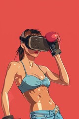 Woman Boxer in Athletic Gear on Red Background