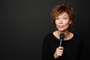 A woman with short red hair, holding a microphone and smiling confidently against a dark background. She exudes charm, readiness to engage and composure on stage.