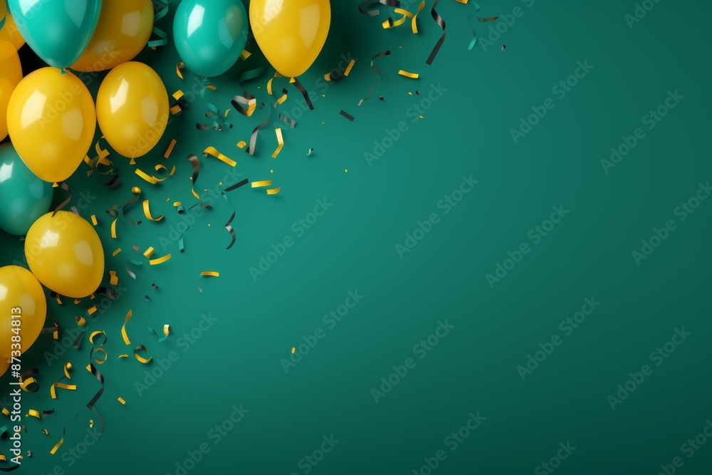 Poster vivid green backdrop with yellow confetti overlay and ample space for custom text
