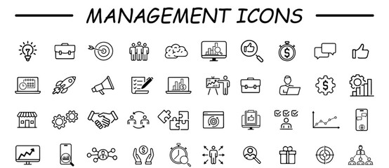 Business management icon collection. Line set contains such icons as vision, mission, values, human resources, experience and more. Simple web icons set.