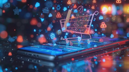E-commerce Shopping Cart on Smartphone - A shopping cart icon rising from a smartphone screen, symbolizing online shopping and the ease of digital commerce. - A shopping cart icon rising from a smartp