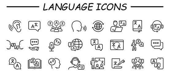 Simple Set of Translation Related Vector Line Icons. Contains such Icons as Document Translation, Handshake, International Business,  language, bilingual, communication, dictionary and more.