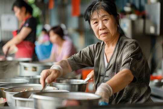 A serious older woman working in a bustling kitchen, concentrating on cooking tasks. She is seen handling metal utensils, indicative of her proficiency in culinary skills.