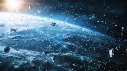 Naklejka premium Space Debris Threatening Earth - A view of Earth from space, showing a vast amount of space debris orbiting the planet. A warning about the potential dangers of space debris. - A view of Earth from sp