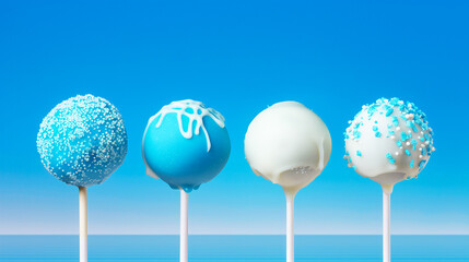 Four blue and white cake pops with sprinkles and icing against a blue gradient background, festive dessert concept.