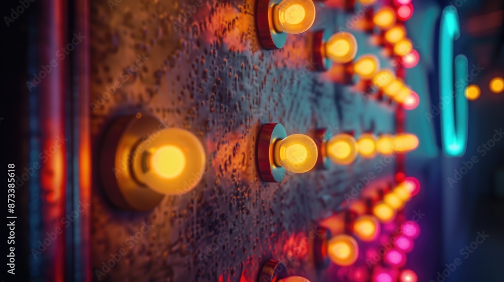 Poster a neon sign with many lights on it. the lights are in different colors and are arranged in a row
