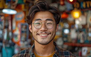 Obraz premium A young man with glasses, wearing a plaid shirt, smiles at the camera in a well-lit shop with colorful items in the background