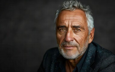 Obraz premium A close-up portrait of an elderly man with gray hair and a beard. The subject is looking directly at the camera with a serious expression
