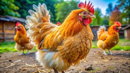 Close-up of a Golden Rooster with Red Comb in a Farmyard