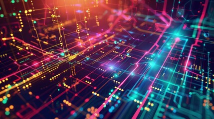 Naklejka premium A cybernetic interface background with complex digital data arrays and vibrant neon lines intersecting against a dark, high-tech backdrop.