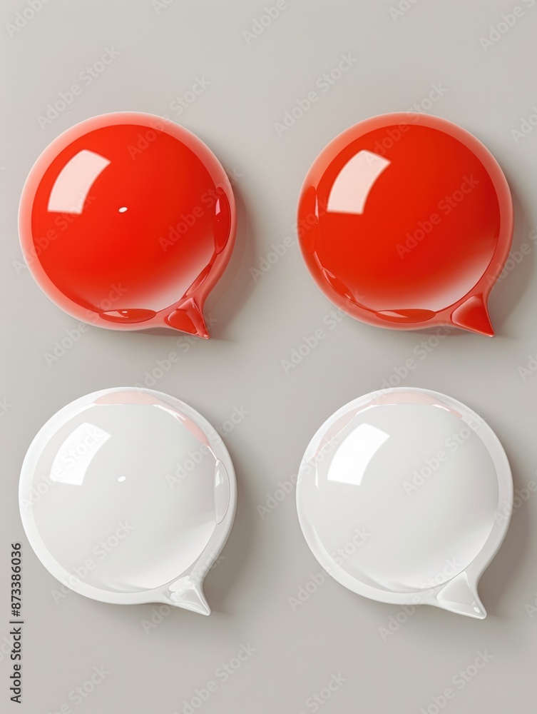 Poster Four red and white balloons in a row. The balloons are in different sizes and are placed in a row