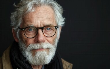 A close-up portrait of a senior man with gray hair and a beard, wearing glasses, looking directly at the camera